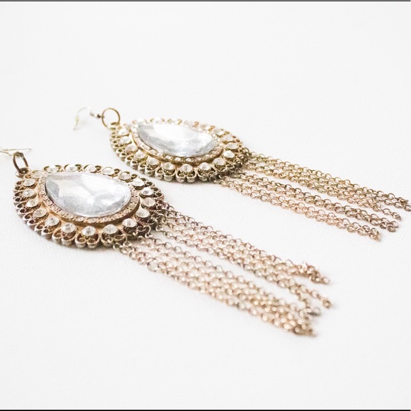 Vintage 60’s/70’s Tear Drop Drop & Dangle Chain Rhinestone Statement Earrings - Picture 7 of 8